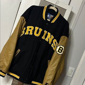XL vintage STARTER Black and Tan BRUINS hockey NHL Jacket leather and wool